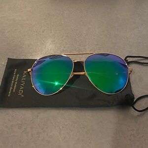 Kaliyadi Aviator Sunglasses Blue Green Mirrored Lenses Gold Frame UV Protection